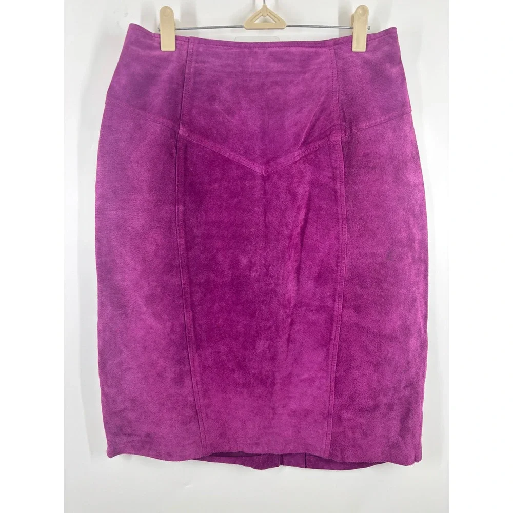 Design Assets Vintage Magenta Purple Suede Leather Pencil Skirt Western Yoke 14 - Picture 1 of 3